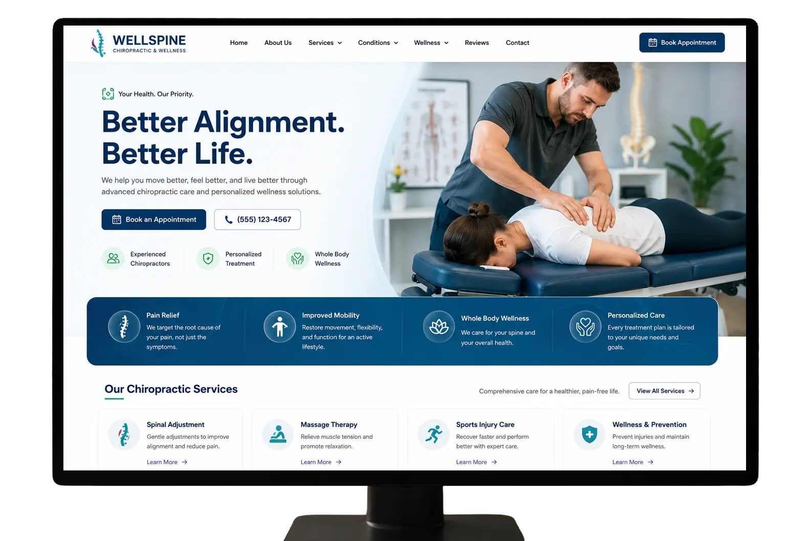 Modern chiropractic wellness website design
